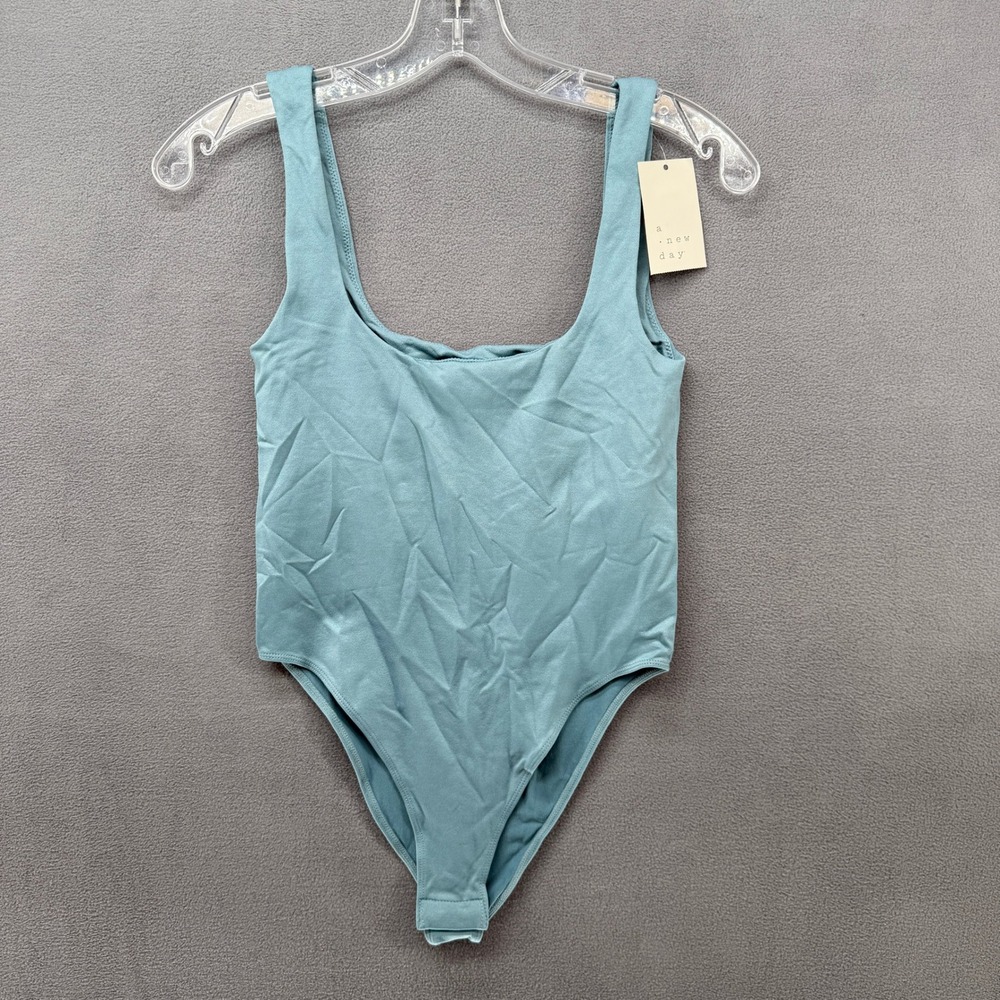 A New Day Womens Light Blue Square Neck Snap Closure Tank Bodysuit Size XS